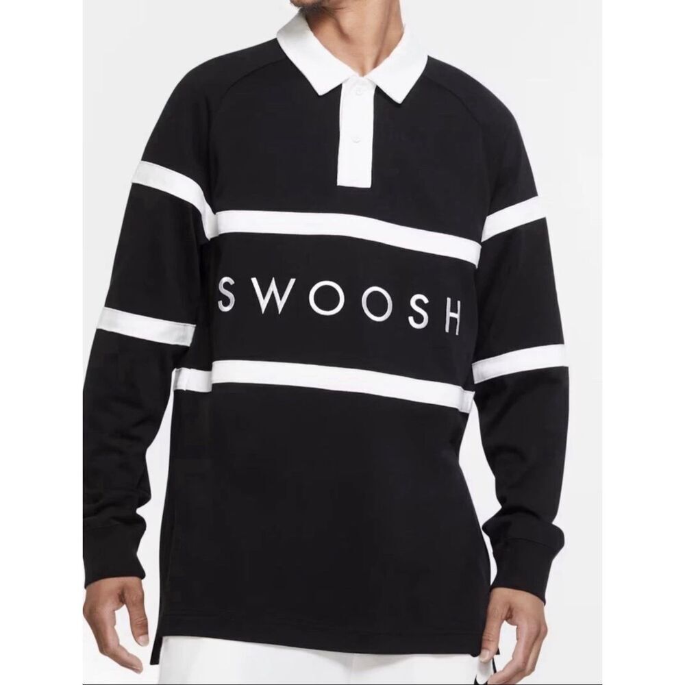 Nike Sportswear Swoosh Rugby Shirt Long Sleeve Black White Mens Size L Cotton